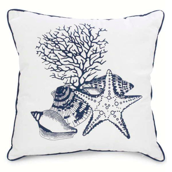 Coussin corail coquillages étoile de mer bleu sur blanc